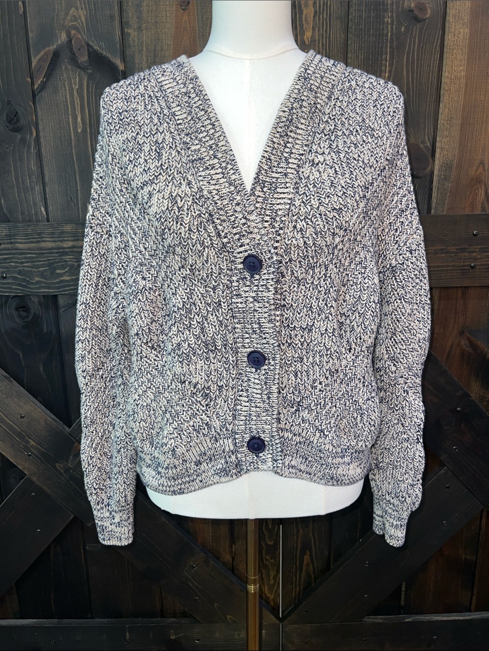360 Sweater Italian Yarn Cream Blue Marled Cardigan Button Up L Chunky Oversized